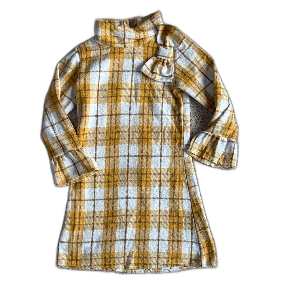 BMG Girls Plaid Flannel Dress Size 6 Yellow Mock Neck Bell Sleeve Shift 6T